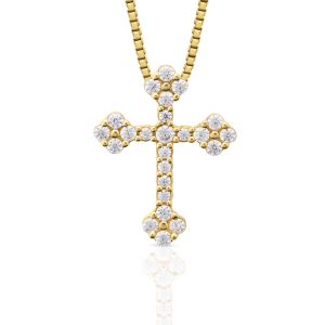 a gold cross with diamonds on a chain