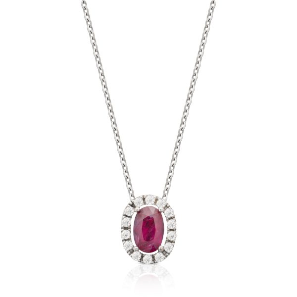 a necklace with a ruby and diamond